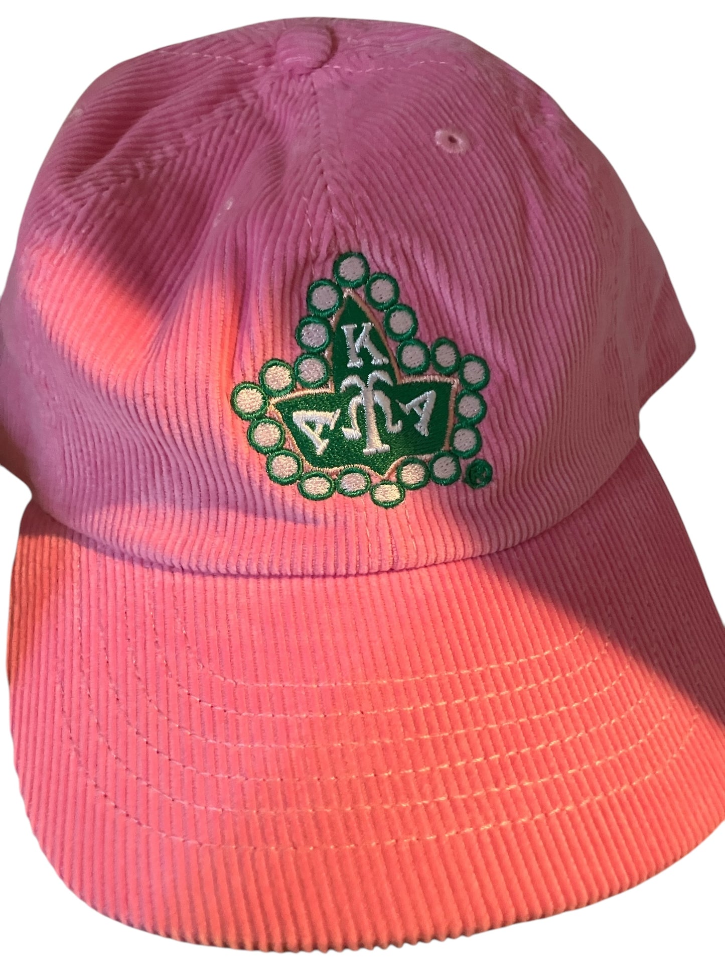 "Pink corduroy AKA cap with embroidered ivy leaf and 20 pearls, adjustable strap for perfect fit"