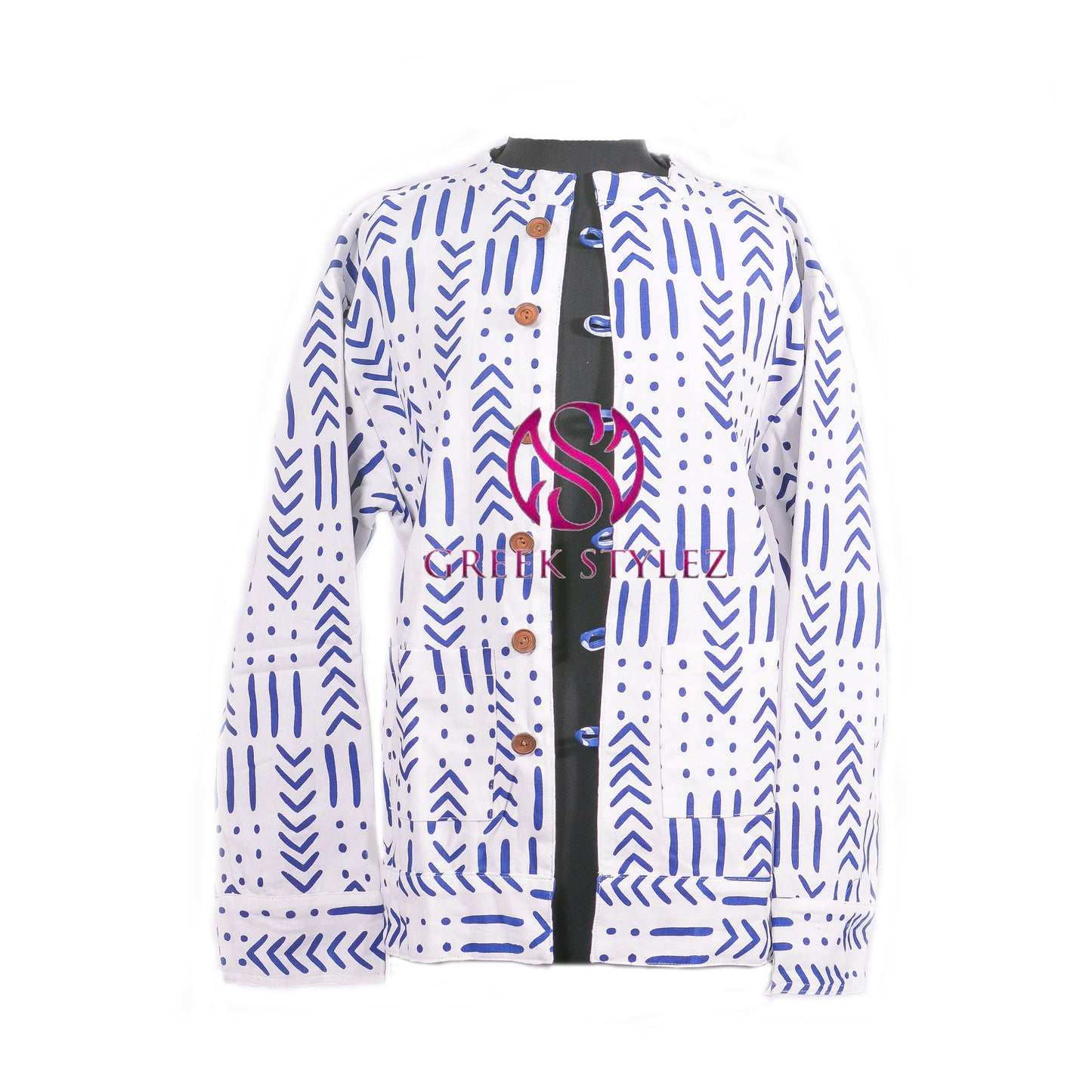 Zeta Phi Beta Inspired: Blue & White Mud Cloth Reversible Jacket (Short)