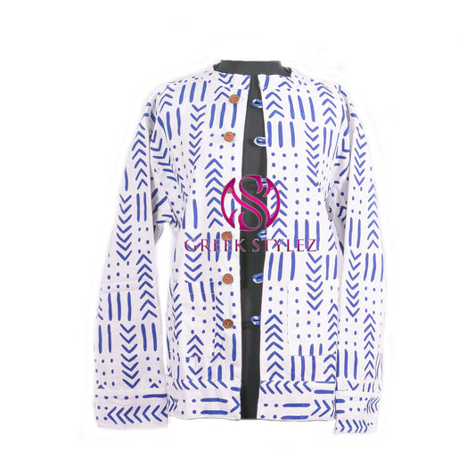 Zeta Phi Beta Inspired: Blue & White Mud Cloth Reversible Jacket (Short)