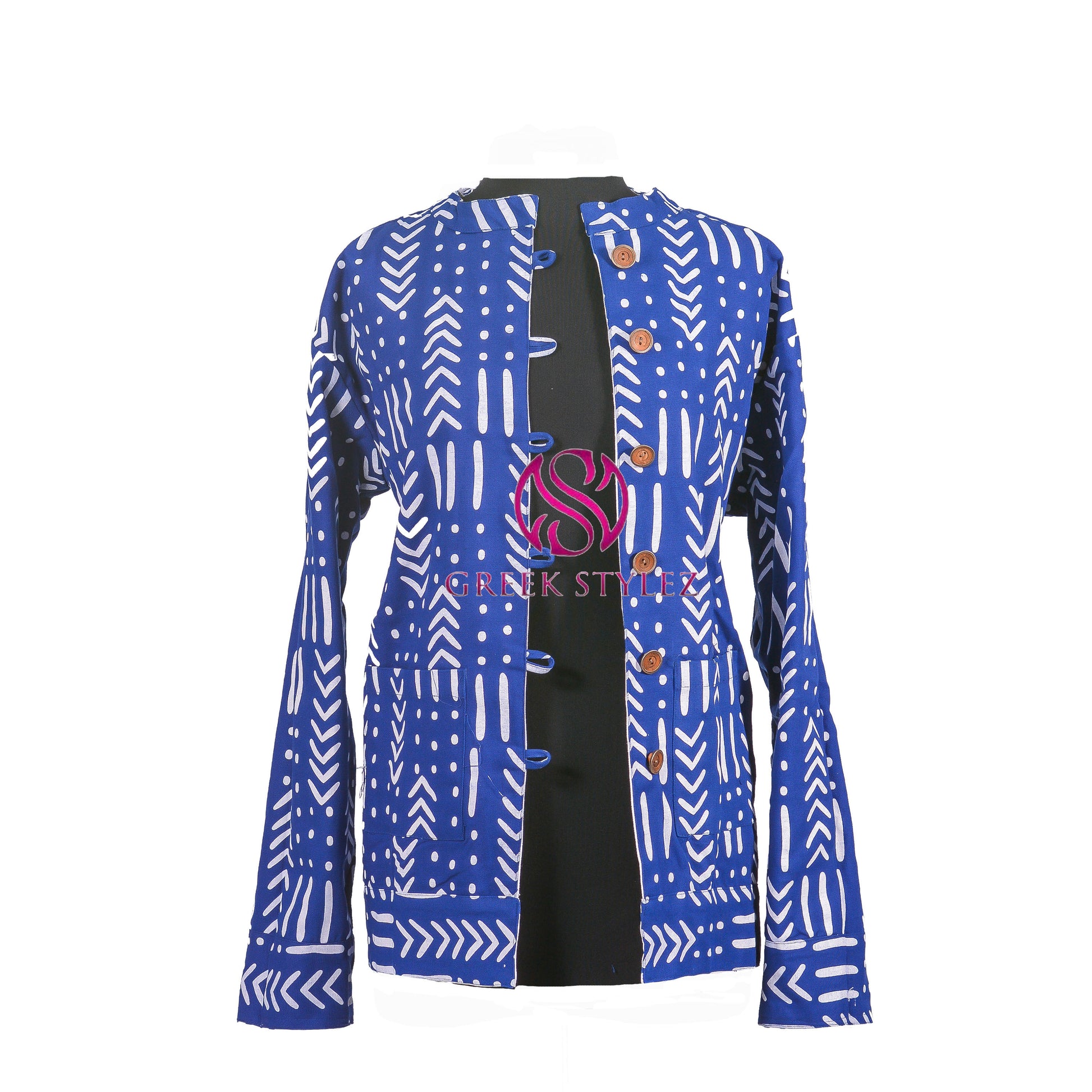 Zeta Phi Beta Inspired: Blue & White Mud Cloth Reversible Jacket (Short)
