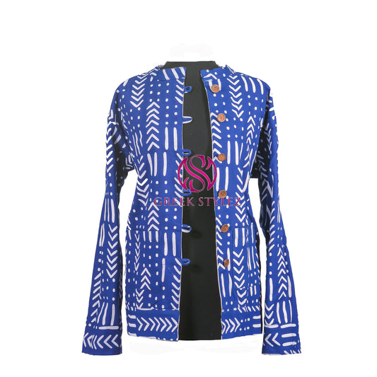 Zeta Phi Beta Inspired: Blue & White Mud Cloth Reversible Jacket (Short)