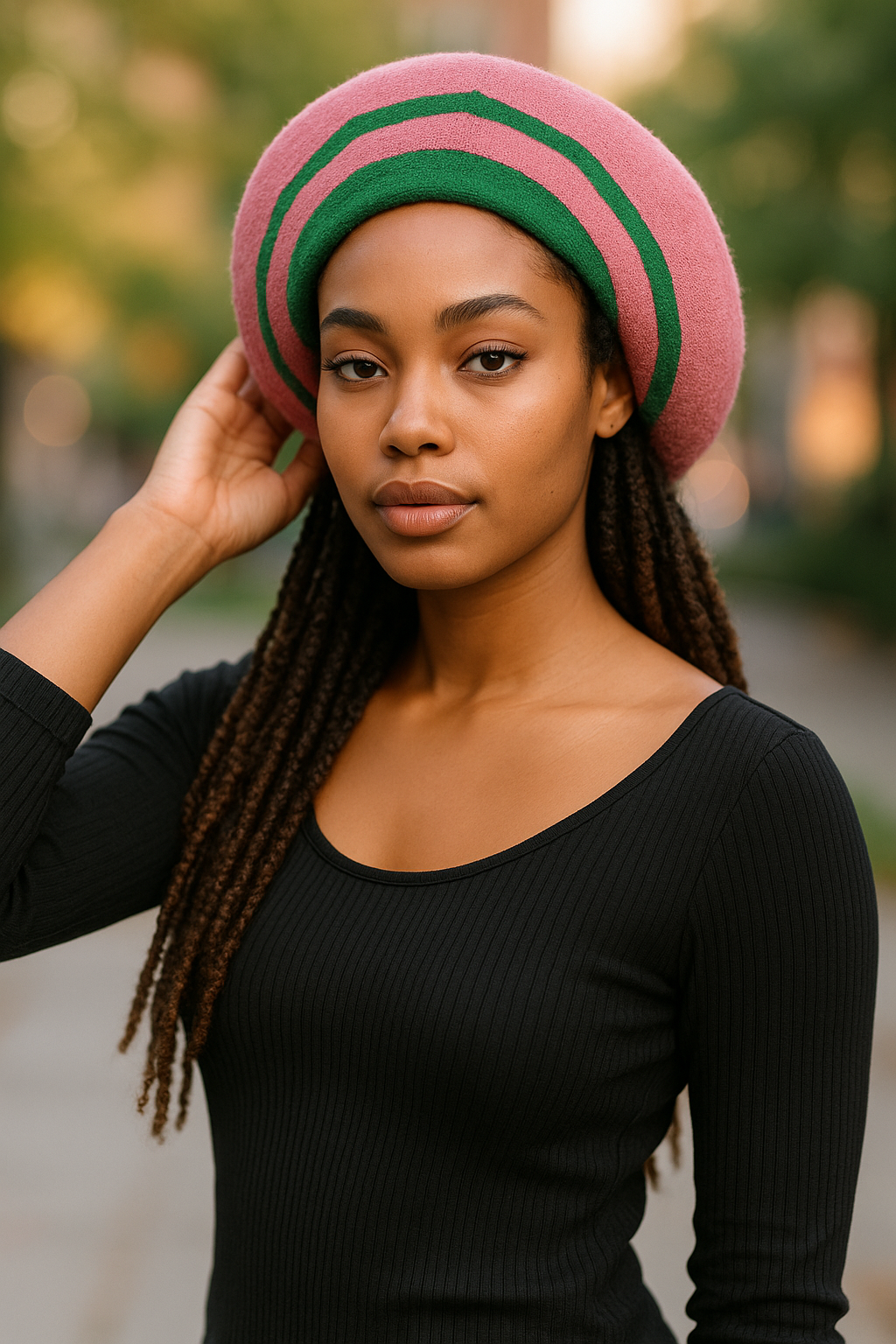 Retro Striped Beret Hat for Women - Pink and Green Acrylic Slouchy Beanie