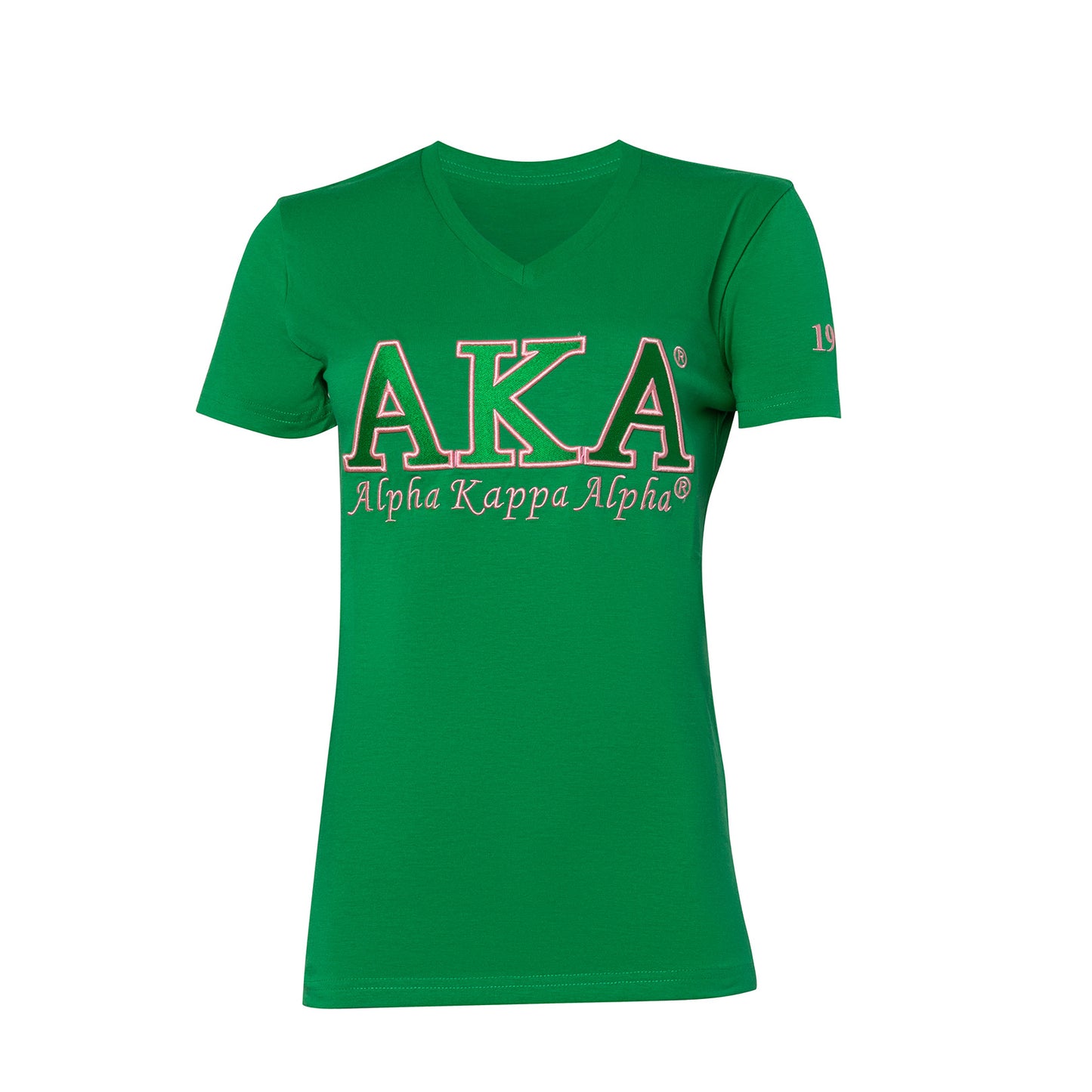 "Stylish Apple Green AKA Sorority shirt with 3D embroidery, pink and green Greek letters, and 1908 detail. Available in sizes S-3XL, perfect for showcasing sorority pride."