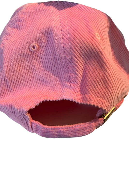 "Adjustable AKA ivy leaf cap in soft pink corduroy fabric with pearl detailing"
