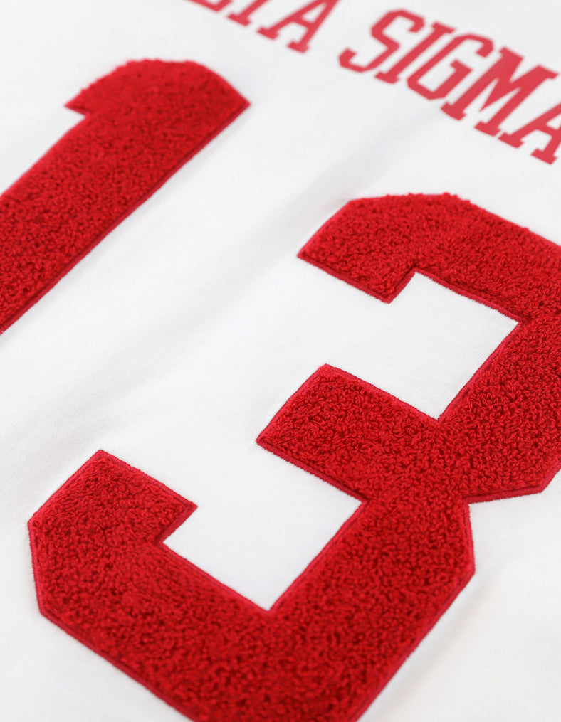 Close-up detail of the number "13" on a white Delta Sigma Theta sorority jersey tee, showing the red, textured, chenille or flocking-style application of the numbers.