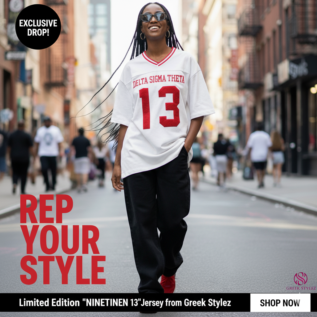 : African American woman wearing a white Delta Sigma Theta sorority jersey tee with "DELTA SIGMA THETA" and "13" in red on the front, paired with black baggy pants, red sneakers, and sunglasses, walking on a city street with graffiti walls.