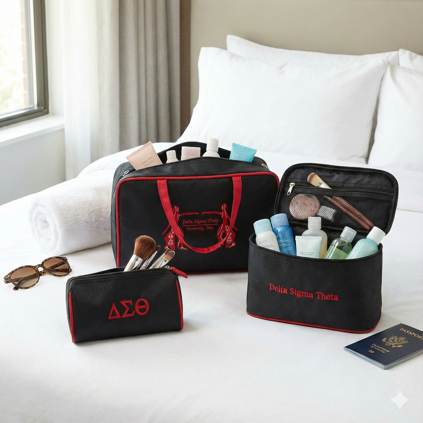 Delta Sigma Theta 3-piece black canvas toiletry bag set displayed on a hotel bed, featuring a small pouch with red Greek letters, a large travel case, and an open medium cosmetic bag with "Delta Sigma Theta" red script embroidery filled with toiletries.