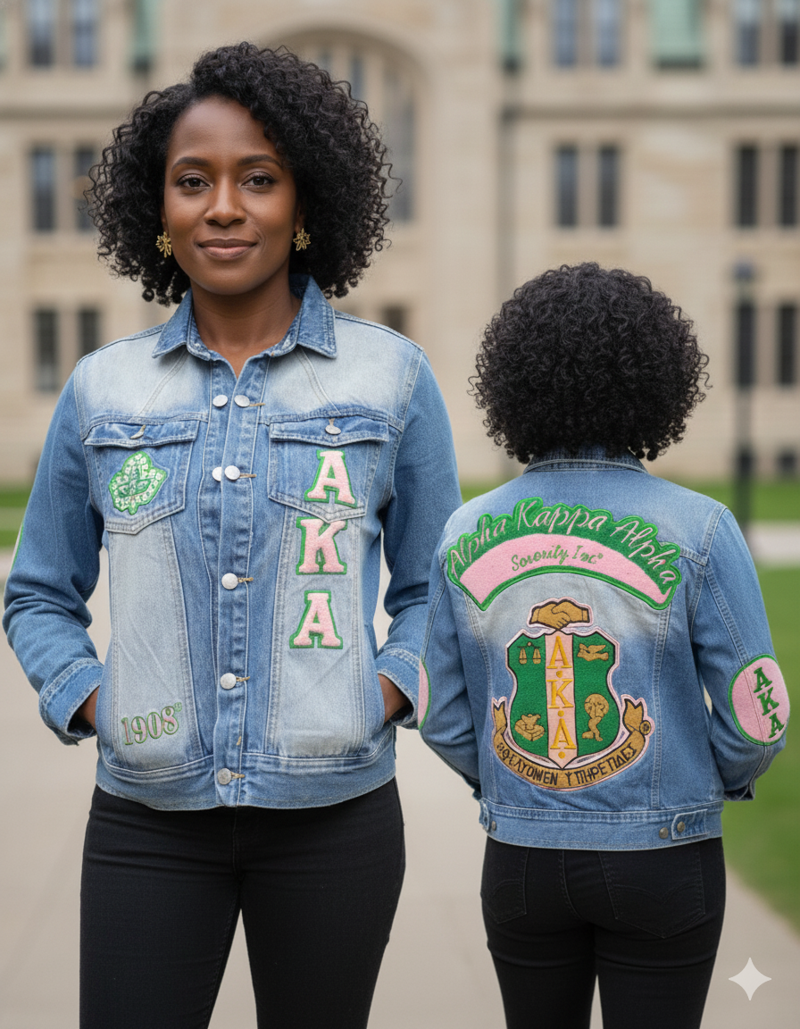 A full-length portrait of a confident 40-year-old Black college-educated woman standing on a university campus, wearing a light-wash denim jacket adorned with pink and green Alpha Kappa Alpha (AKA) chenille letters and patches. She is wearing small ivy leaf stud earrings.