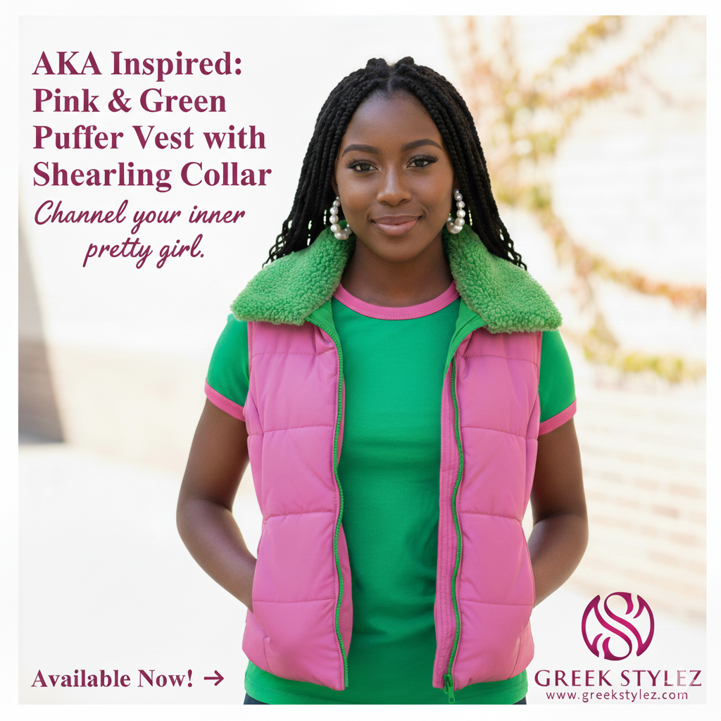 AKA Sorority Pink and Green Puffer Vest with Shearling Collar Colorblock Style