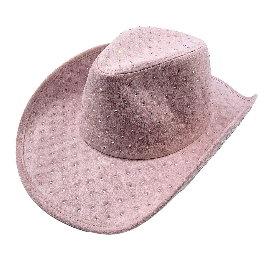 "Pink denim cowboy hat covered in sparkling handset crystals, with a wide brim and adjustable band for a one-size-fits-most fit."