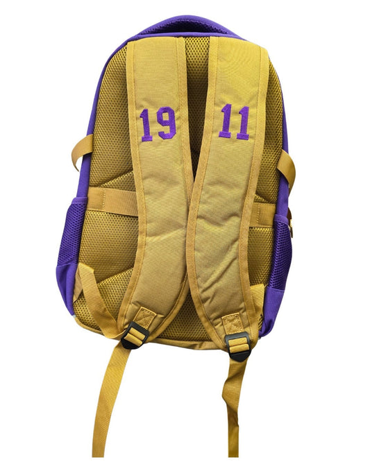 Backpack with purple accents and founding year on a white background