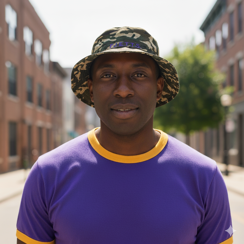 Man wearing a purple shirt with yellow trim and a camouflage hat on a street.