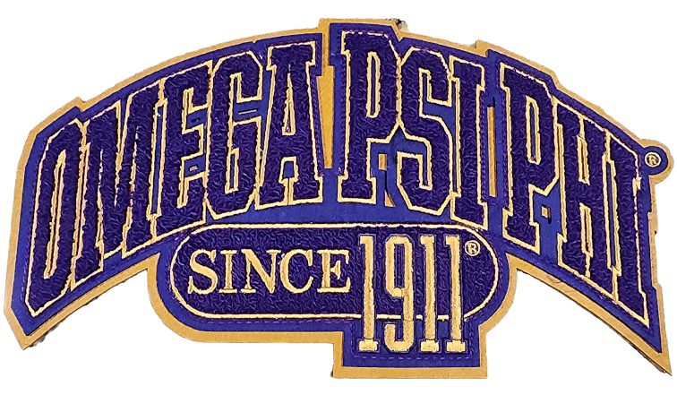 Omega Psi Phi Fraternity curved chenille patch - perfect for jackets, bags, and more! Show your pride in the Fraternity. Purple & Gold and Founding year.