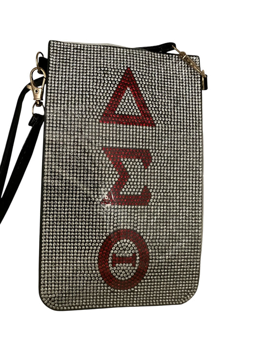 "Sparkly DST sorority purse with red letter rhinestones on black crossbody bag"