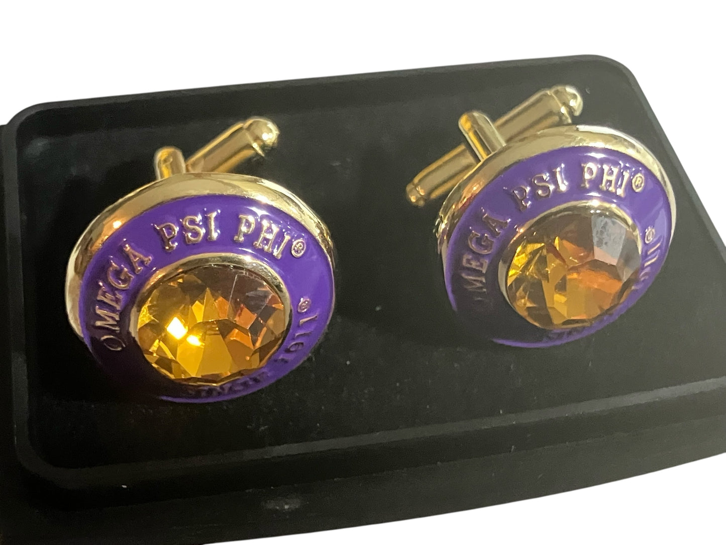 Omega Psi Phi Gold Signet Cufflinks – Topaz & Purple Enamel Fraternity Jewelry