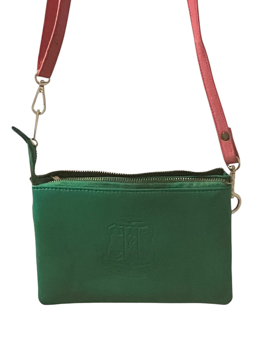 Pink & Green Leather Crossbody Bag with Shoulder Strap and Sorority Crest