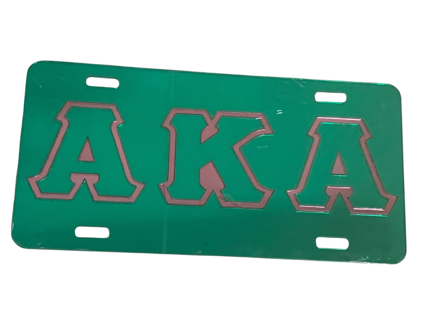 Green AKA front license plate laser engraved in pink.