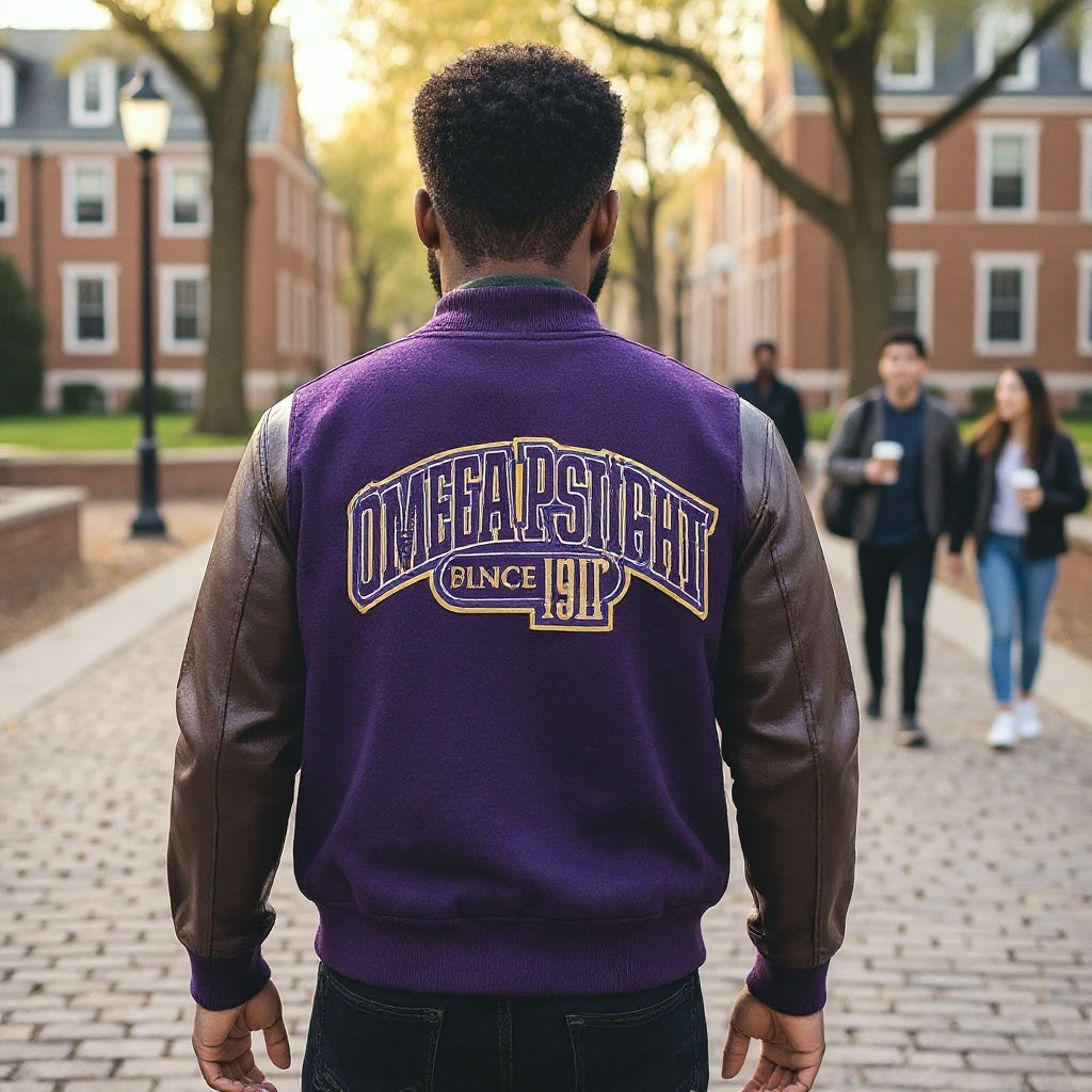 Person wearing a purple and brown letterman jacket with 'Omega Psi Phi' patch on a college campus.