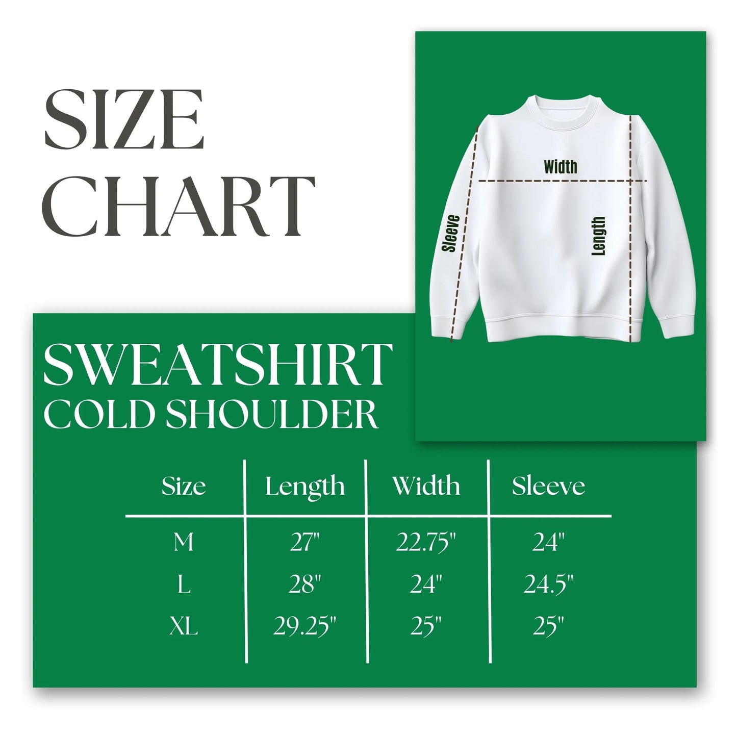 Size chart for AKA cold-shoulder sweatshirt showing measurements for M, L, and XL: Length, Width, and Sleeve dimensions.
