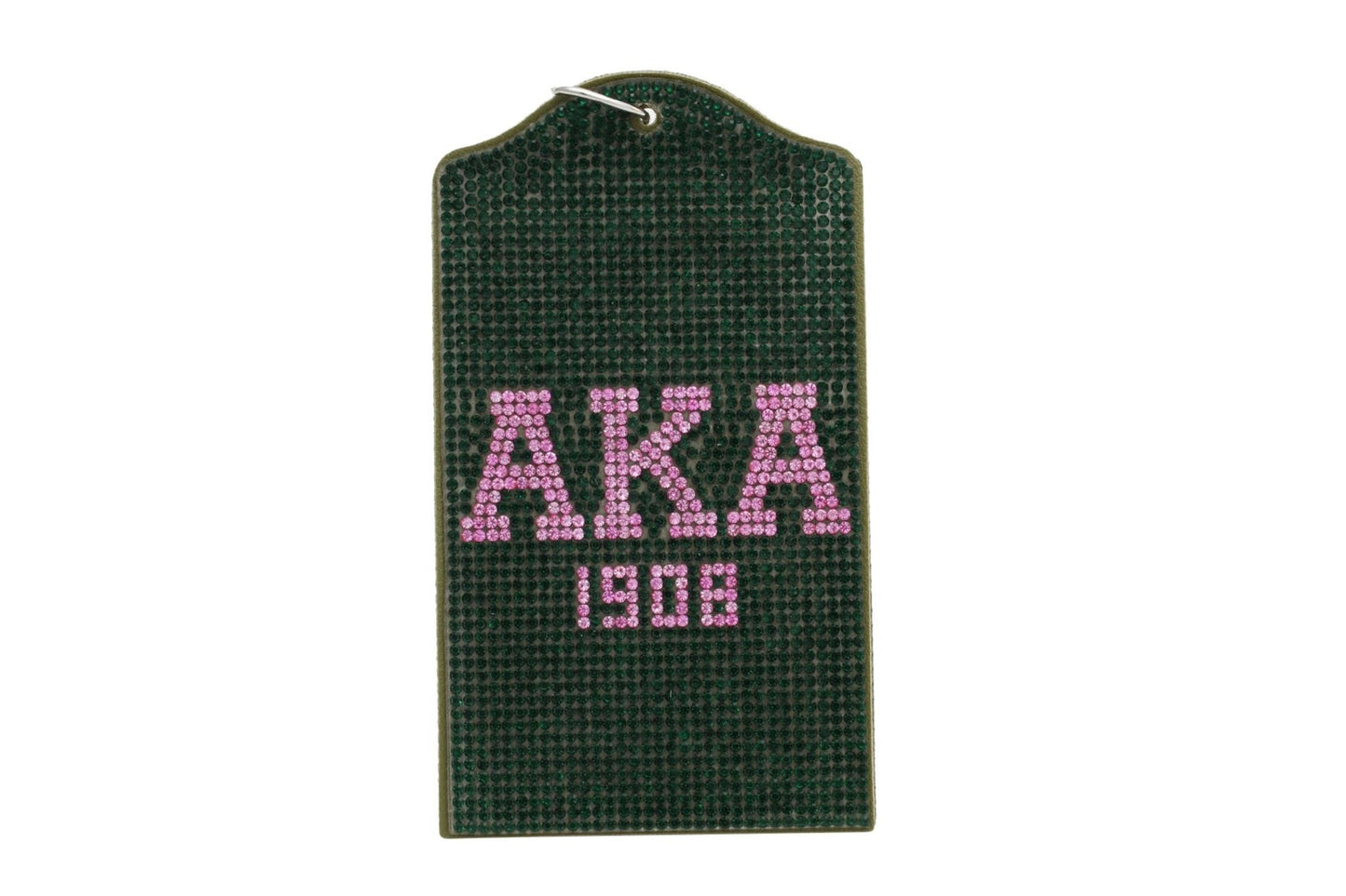 Official AKA Sorority pink and green rhinestone ID badge holder with 1908 Greek letters on vegan leather, sparkling under light"