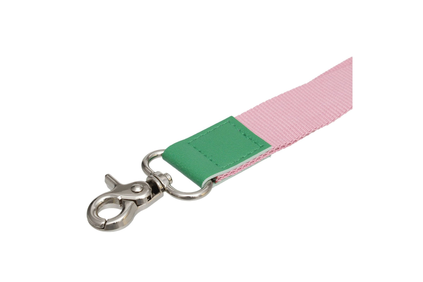 Pink and green lanyard with a metal clip on a white background