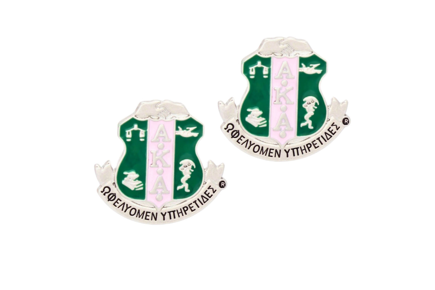 "Silver-toned AKA crest stud earrings in pink and green for sorority pride."