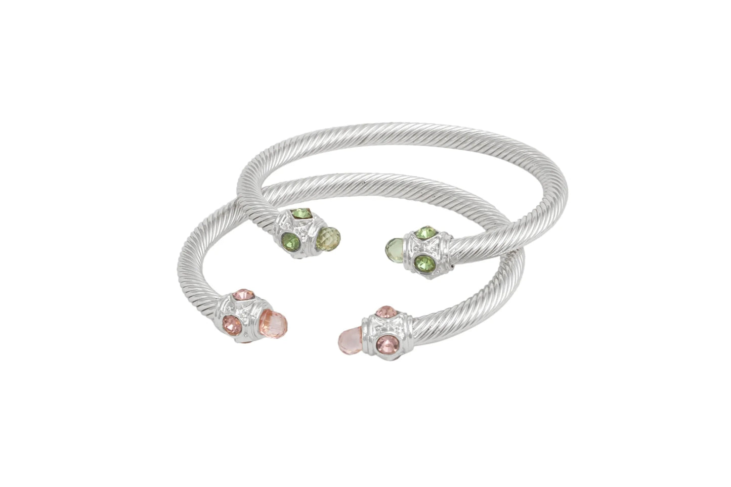 AKA Inspired: Pink Green Crystal Cable Bangle Bracelet Set