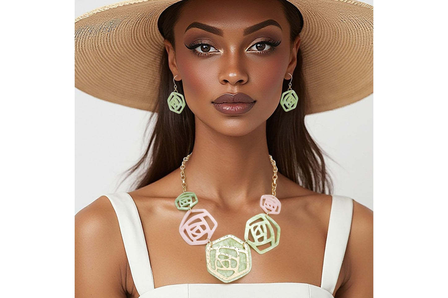 "AKA Sorority pink and green marbled rose collar necklace with gold accents and matching drop earrings set