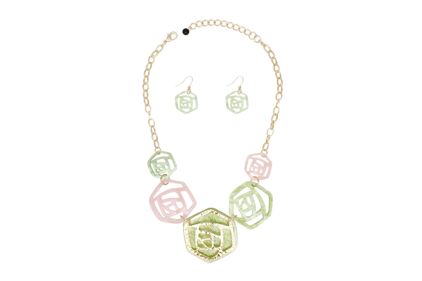 Necklace and earrings set with geometric pastel designs on a white background