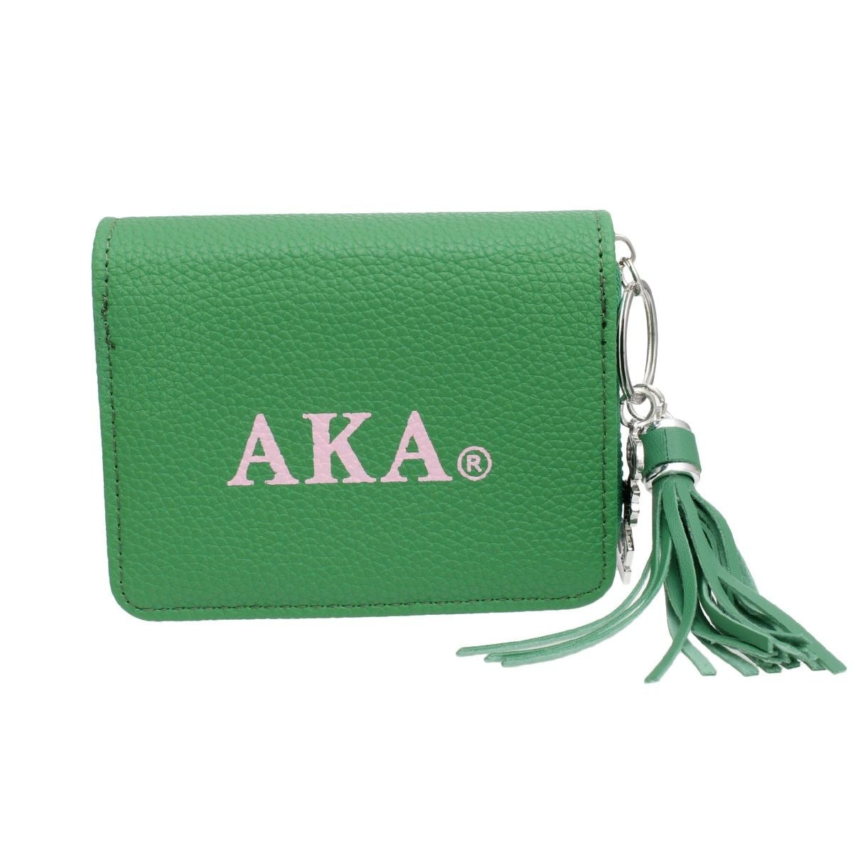 Green wallet with 'AKA' logo and tassel on a white background