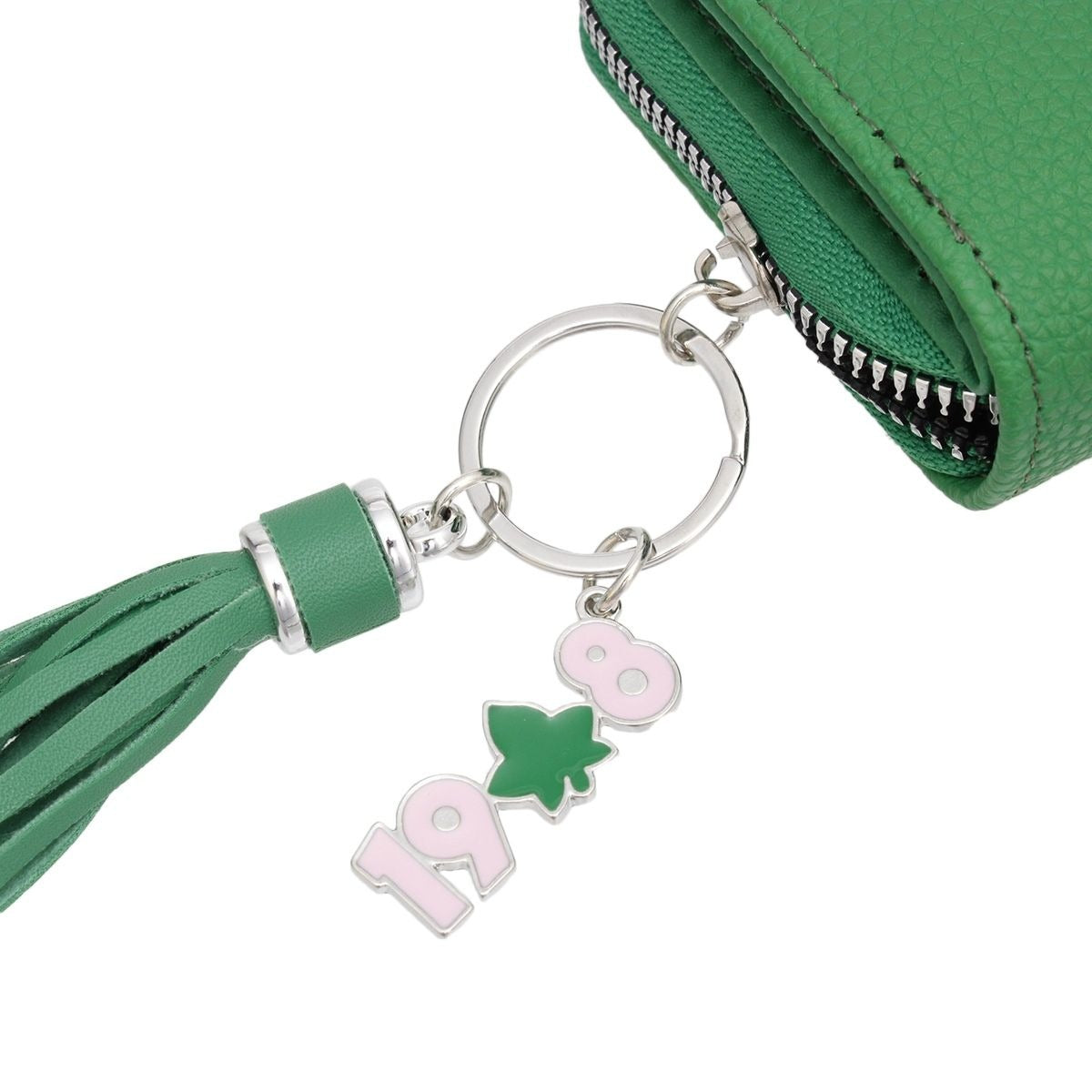 Closeup view of the green wallet purse charm.