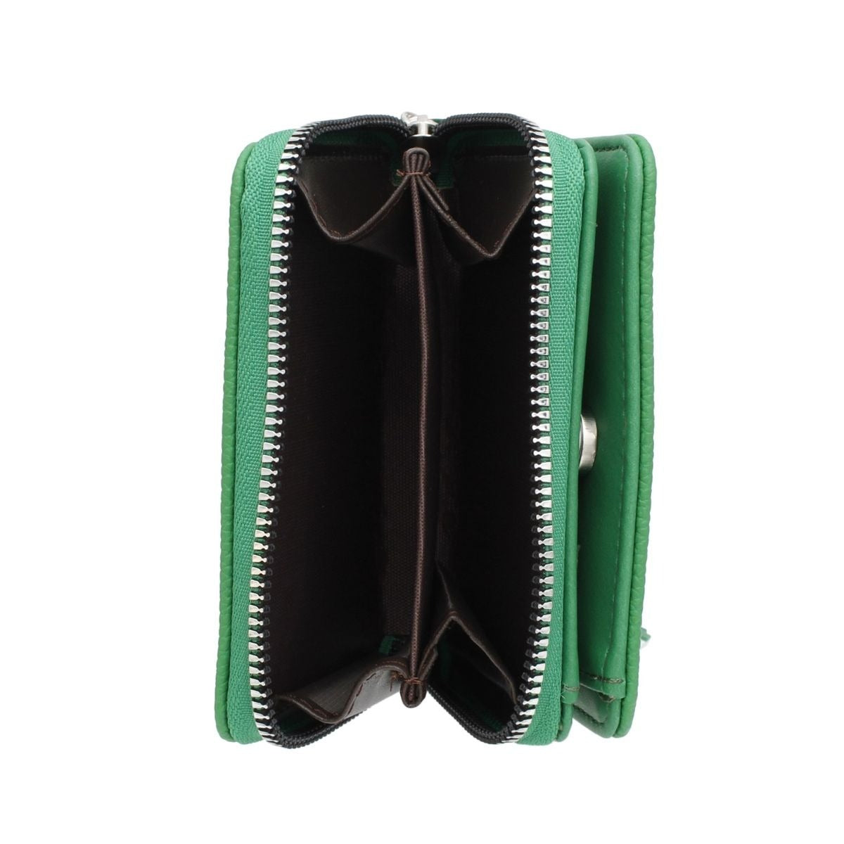 Zippered view of the green AKA wallet on a white background.