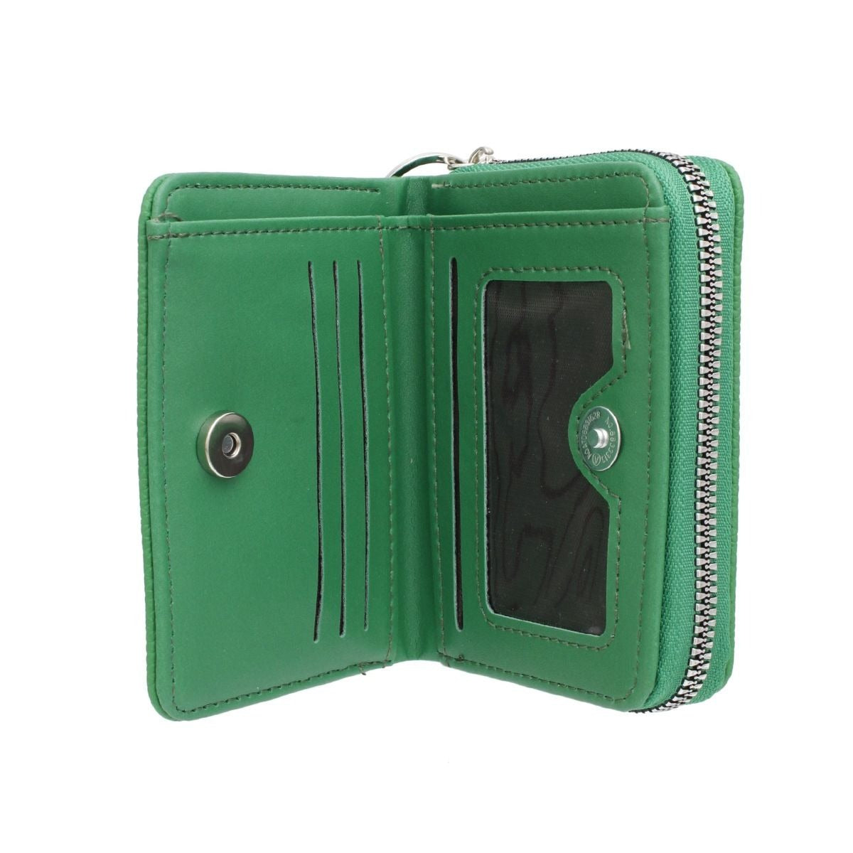 Green  AKA wallet with a clear card holder on a white background