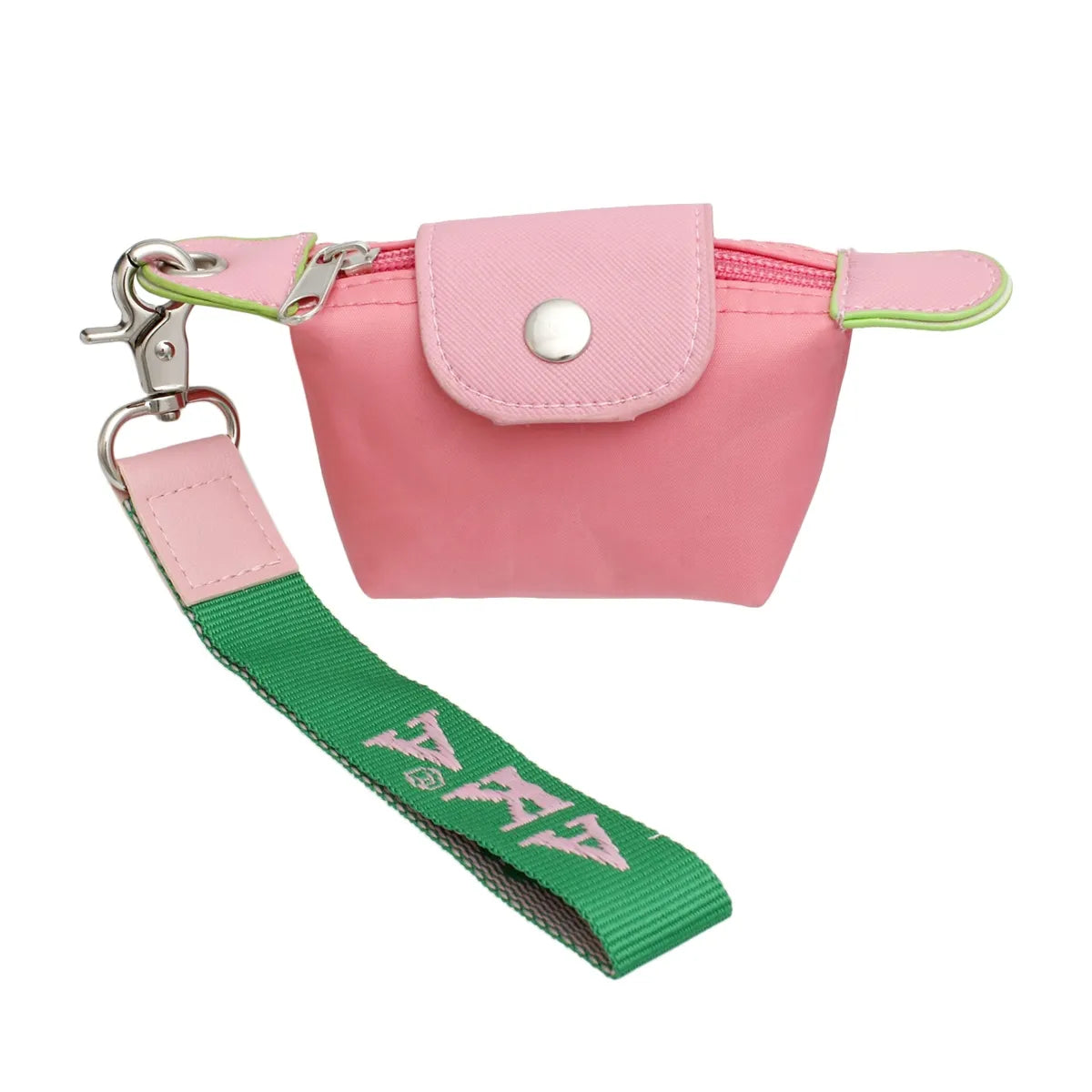 Pink pouch with green strap featuring AKA Greek Lettters on a white background