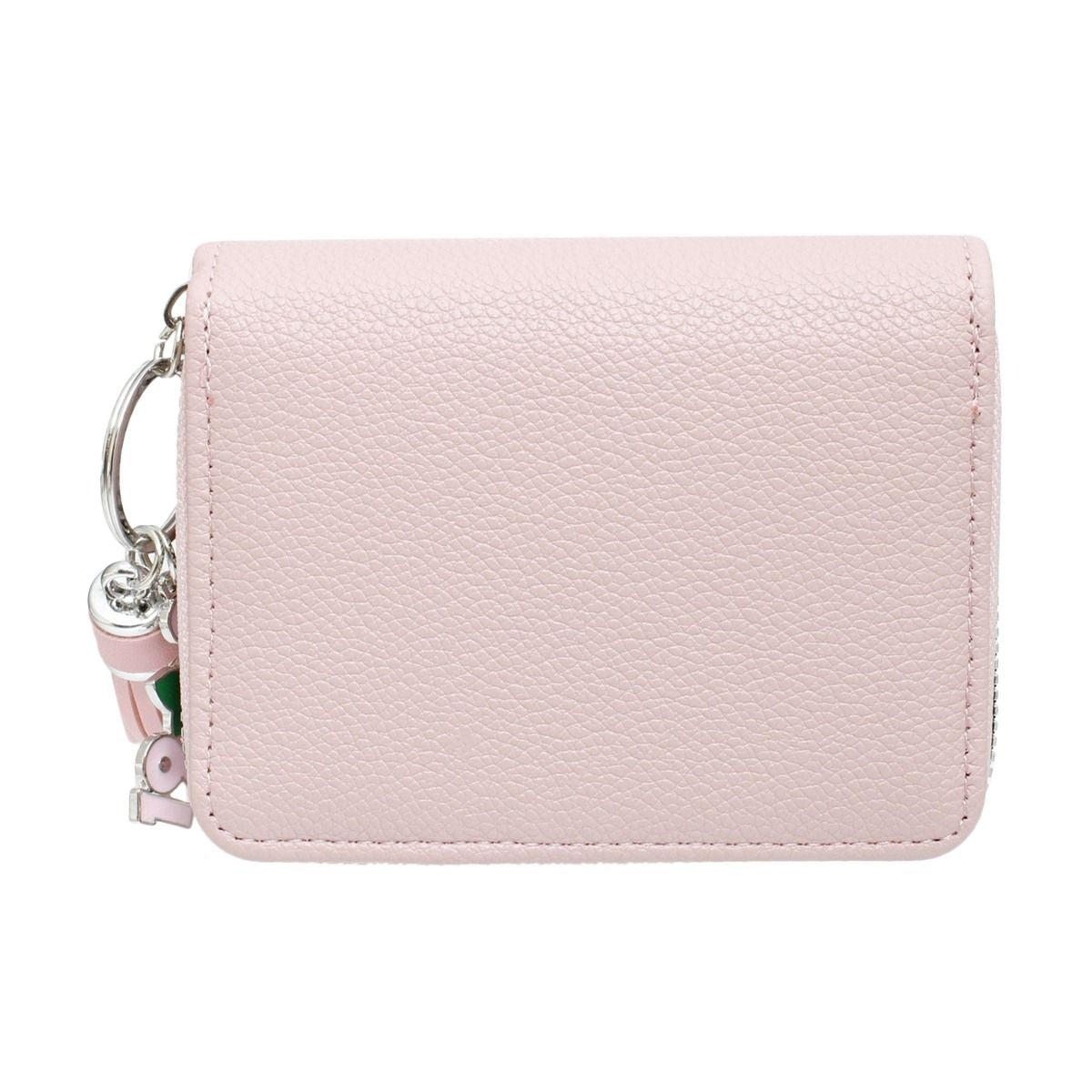 Back view of the Pink wallet with a keychain on a white background