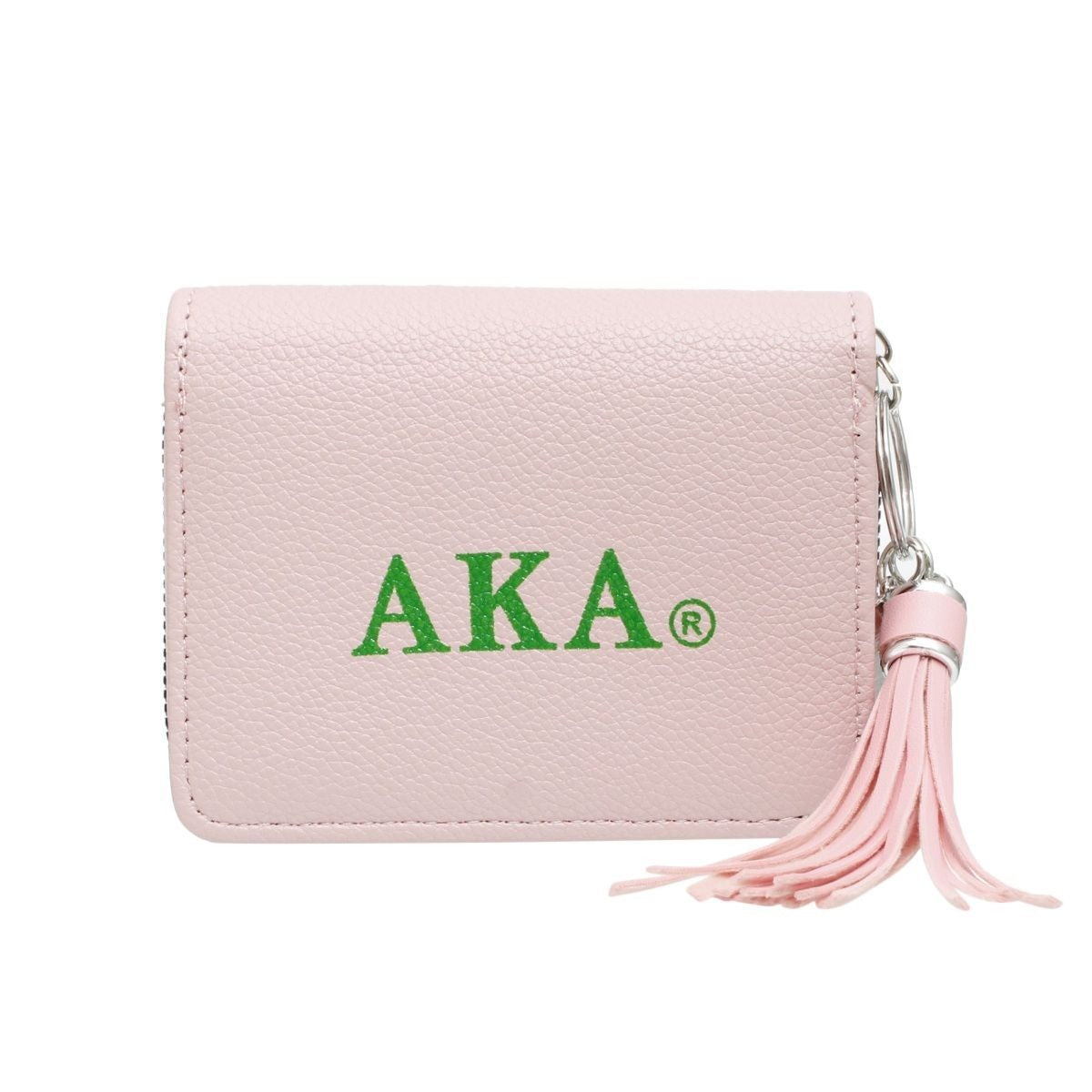 Pink wallet with 'AKA' logo and tassel on a white background