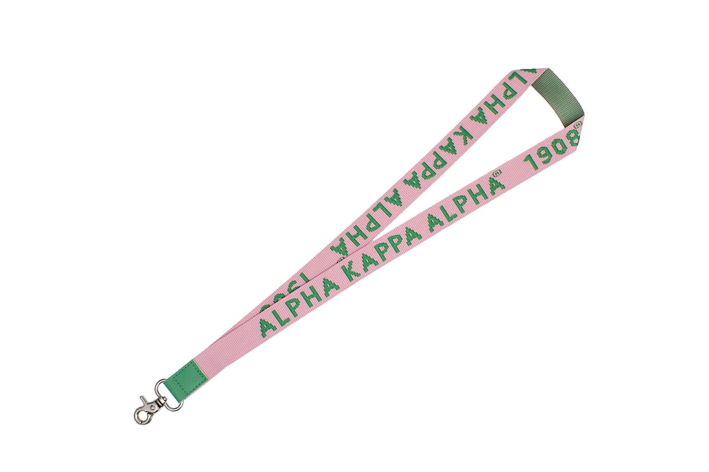 Pink lanyard with green accents featuring 'Alpha Kappa Alpha' text on a white background