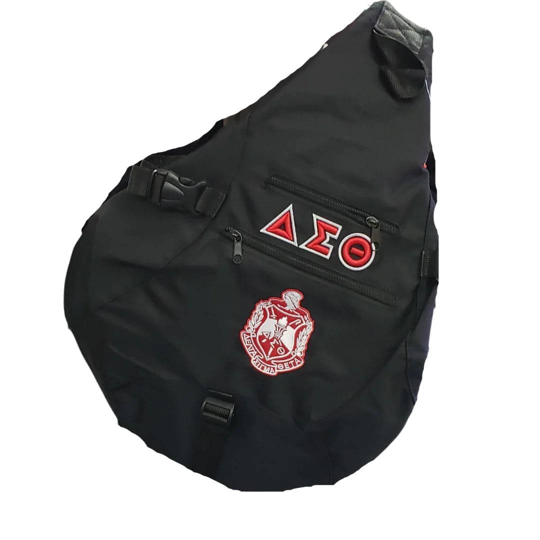 A Black Delta Sigma Theta sling bag with the sorority's emblem and letters printed on the front.
