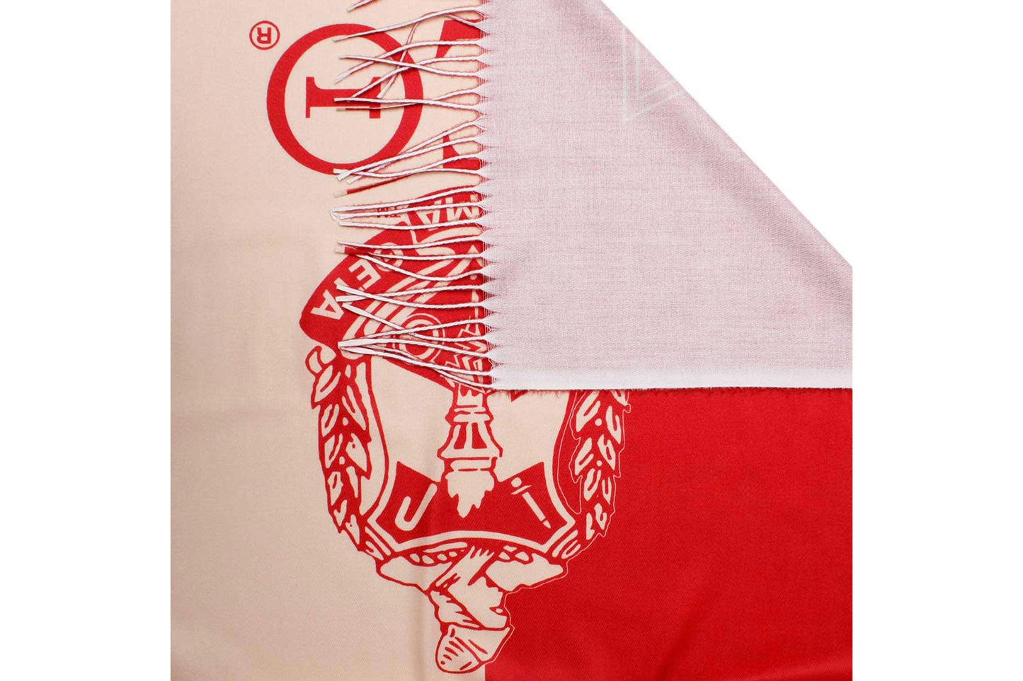 Product with a red and beige design featuring a logo on a white featuring fringe