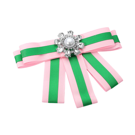 “Dual-Purpose Pearl Bow Brooch - Sorority Sister Gift for Backpacks, Jackets, or Hair”