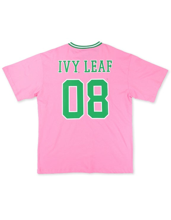 Back View: Back of AKA tee featuring a printed Ivy Leaf design and the founding year 08.