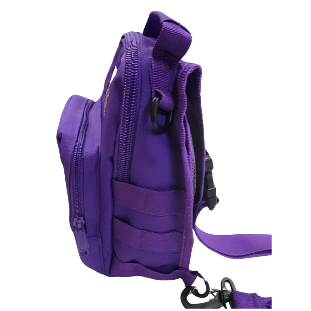 "Official Omega Psi Phi Embroidered Tactical Sling Bag - Purple Nylon Crossbody Backpack with MOLLE Webbing"