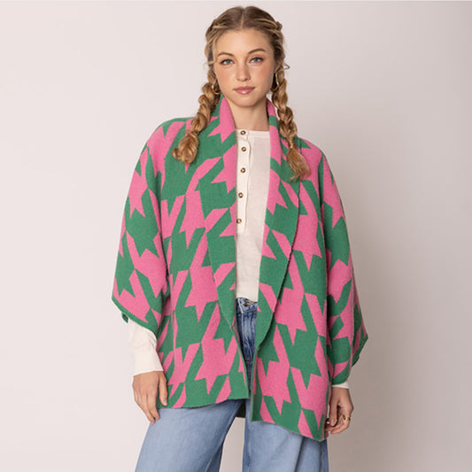 Alpha Kappa Alpha Inspired: Pink Green Houndstooth Cardigan Sweater