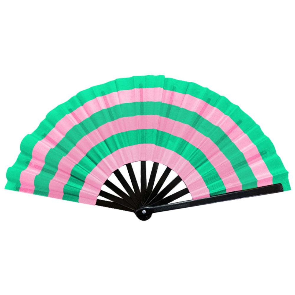 "Vibrant color-block hand fan in sorority colors (pink/green), lightweight and ideal for cheer or majorette teams."