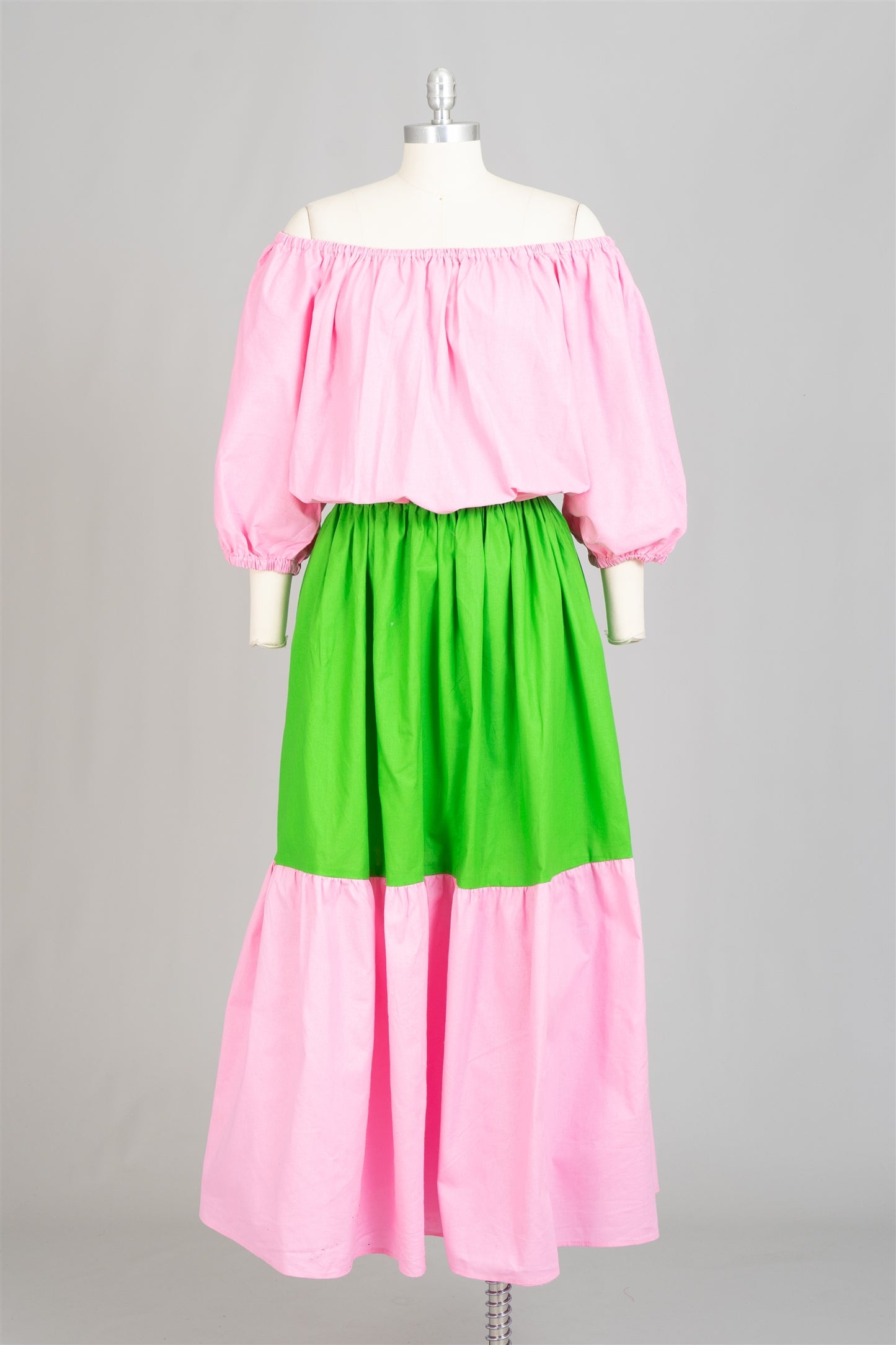 Pink & Green Color Block Dress | One Size Tiered Sundress with Pockets