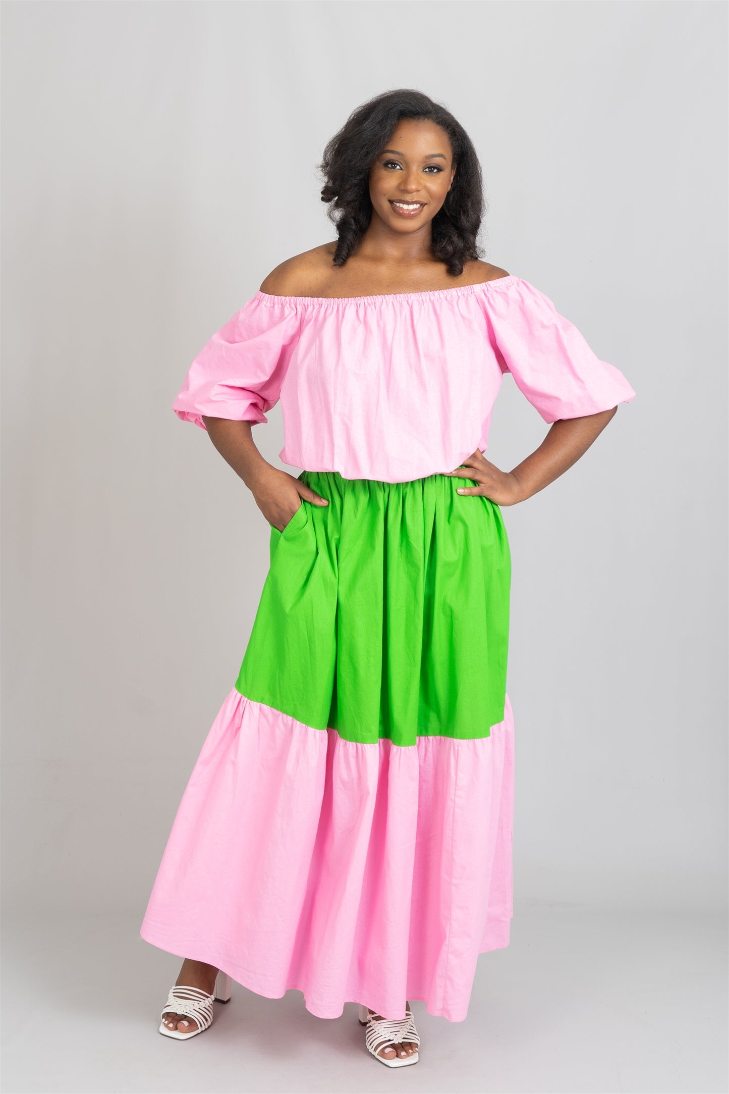 Pink & Green Color Block Dress | One Size Tiered Sundress with Pockets