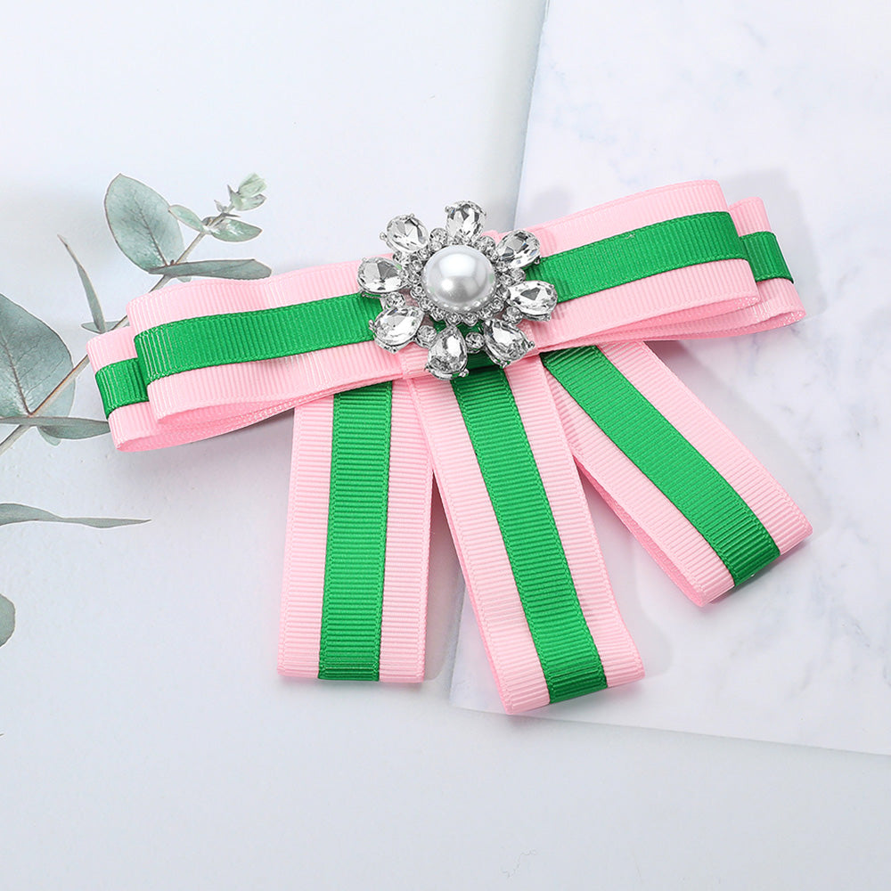“Pink & Green Pearl Cluster Bow Brooch & Hair Clip - Sorority Jewelry for Greek Life"