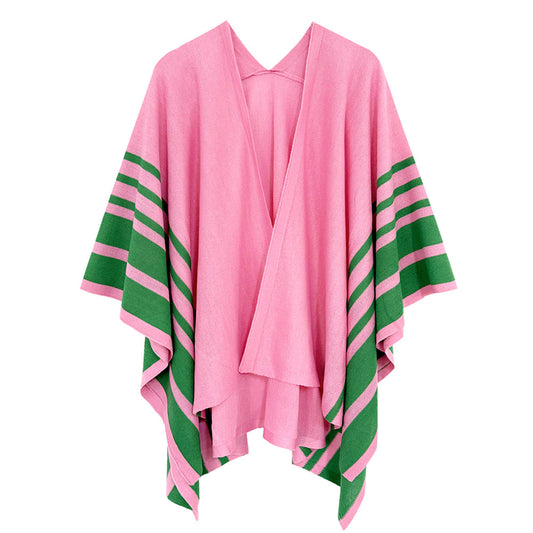 "Lightweight polyester ruana in pink and green stripes, measuring 27.6 x 43.3 inches, perfect for AKA events or everyday wear, showcasing AKA-inspired elegance."