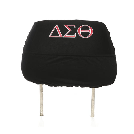 Black car headrest cover with Delta Sigma Theta Greek Letters.