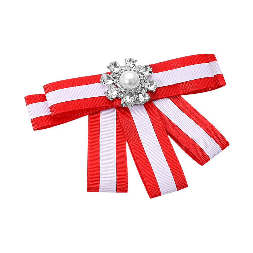 "A chic pink and green striped ribbon brooch/hair clip with a modern color-block bow design, adorned with glossy pearls and metallic accents. Perfect for sorority events, mixers, or everyday wear, it can be clipped onto hair, jackets, or bags for a stylish touch."